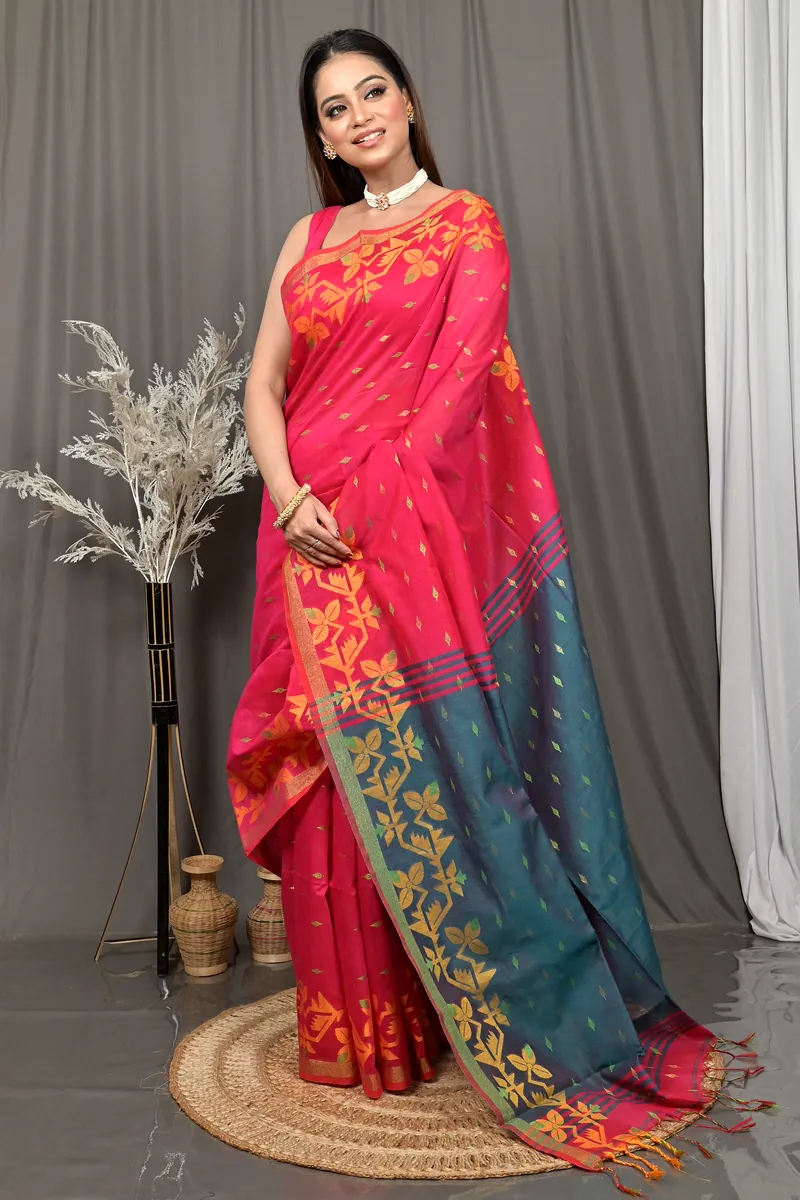 Red Green Cotton Parvon Kanjivaram Silk Saree  (76)