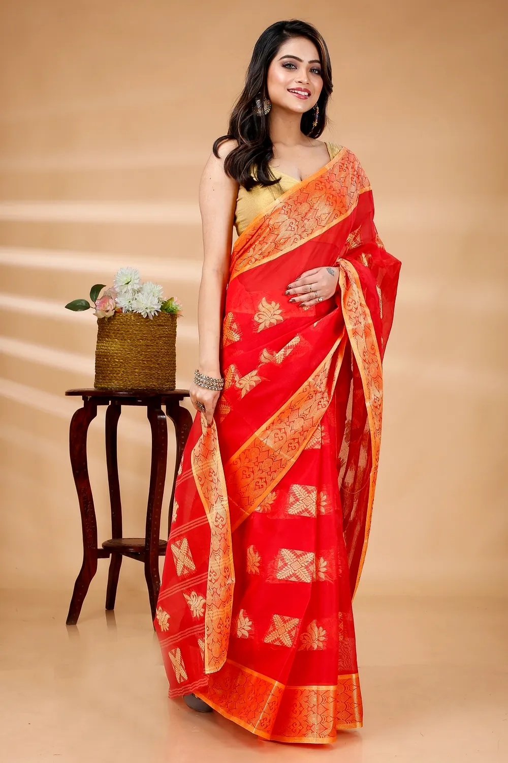 Red Pure Cotton Suparna Buti Tant Saree (760)