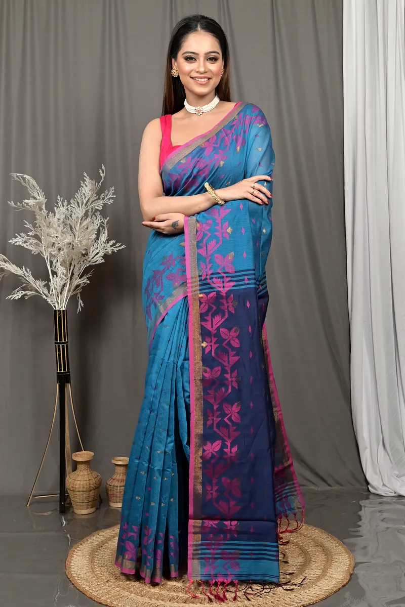 Cobalt Blue Cotton Parvon Kanjivaram Silk Saree  (77)