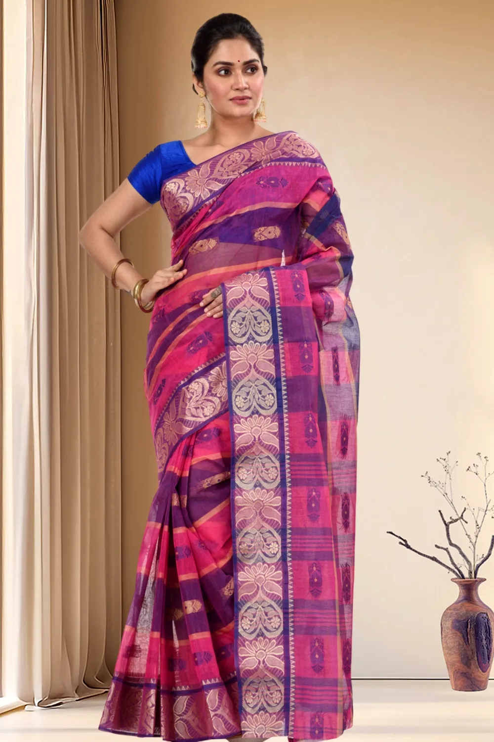 Pink Pure Cotton Krishnakali_Ankit Tant Saree (771)