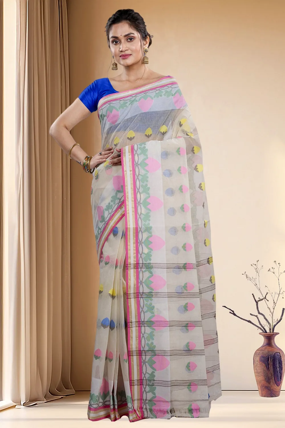 White Pure Cotton PaddaPar Tant Saree (777)