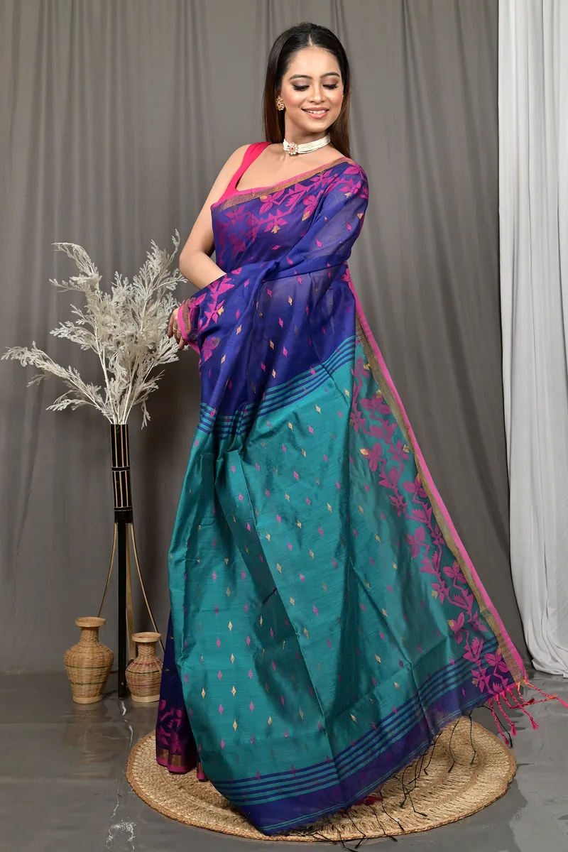 Blue Green Cotton Parvon Kanjivaram Silk Saree  (78)