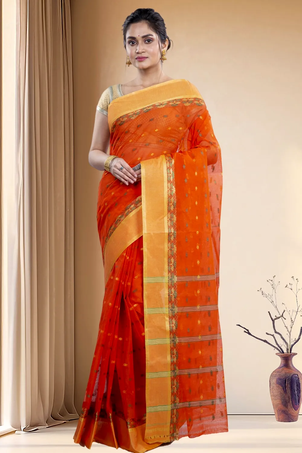 Orange Pure Cotton JoraPata Tant Saree (781)