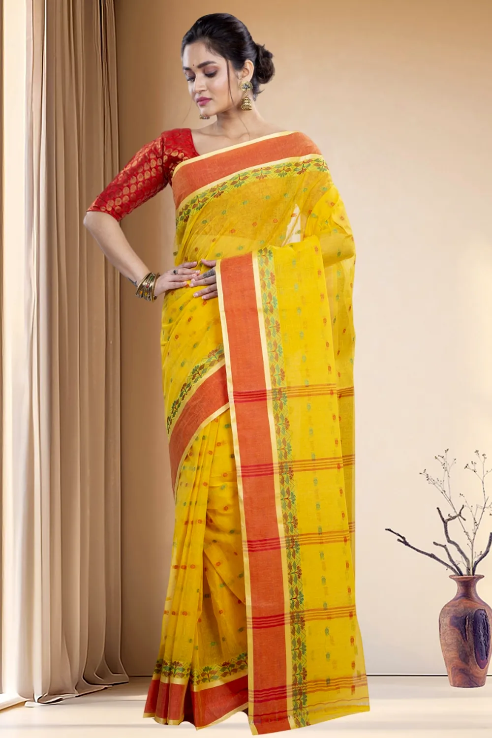Yellow Pure Cotton JoraPata Tant Saree (784)