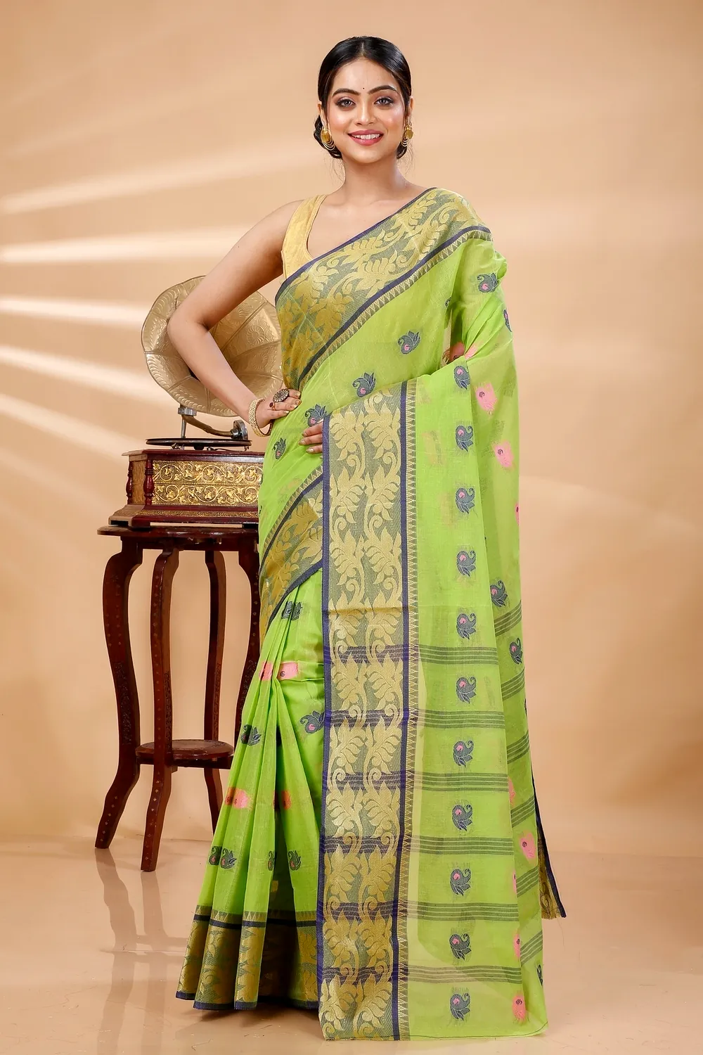 Green Pure Cotton HasFul Tant Saree (785)
