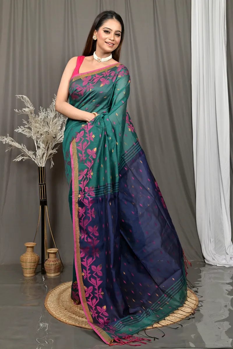 Dark Green Cotton Parvon Kanjivaram Silk Saree  (79)