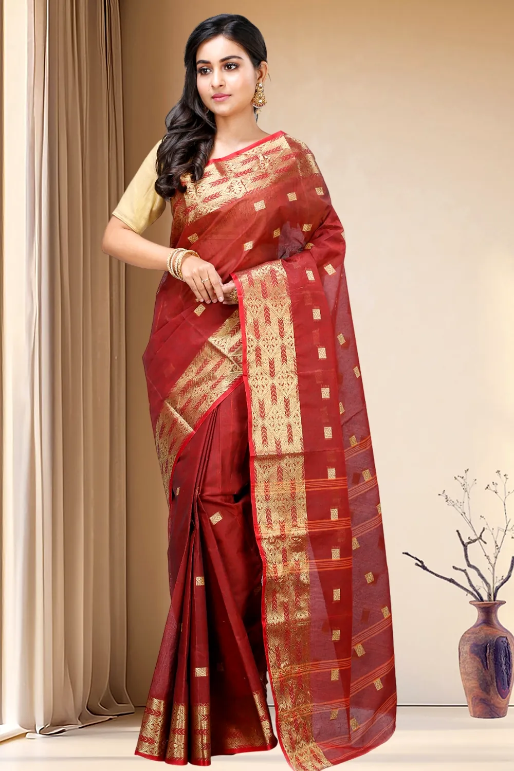Brown Pure Cotton SqureButi Tant Saree (791)