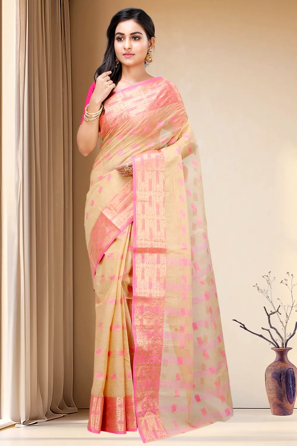 Cream Pure Cotton SqureButi Tant Saree (793)