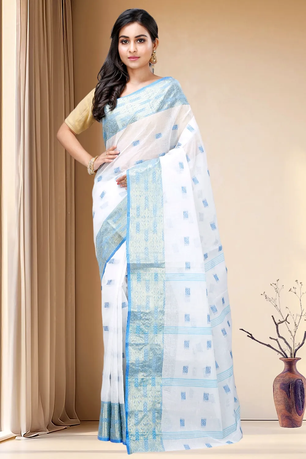 White Sky Pure Cotton SqureButi Tant Saree (795)