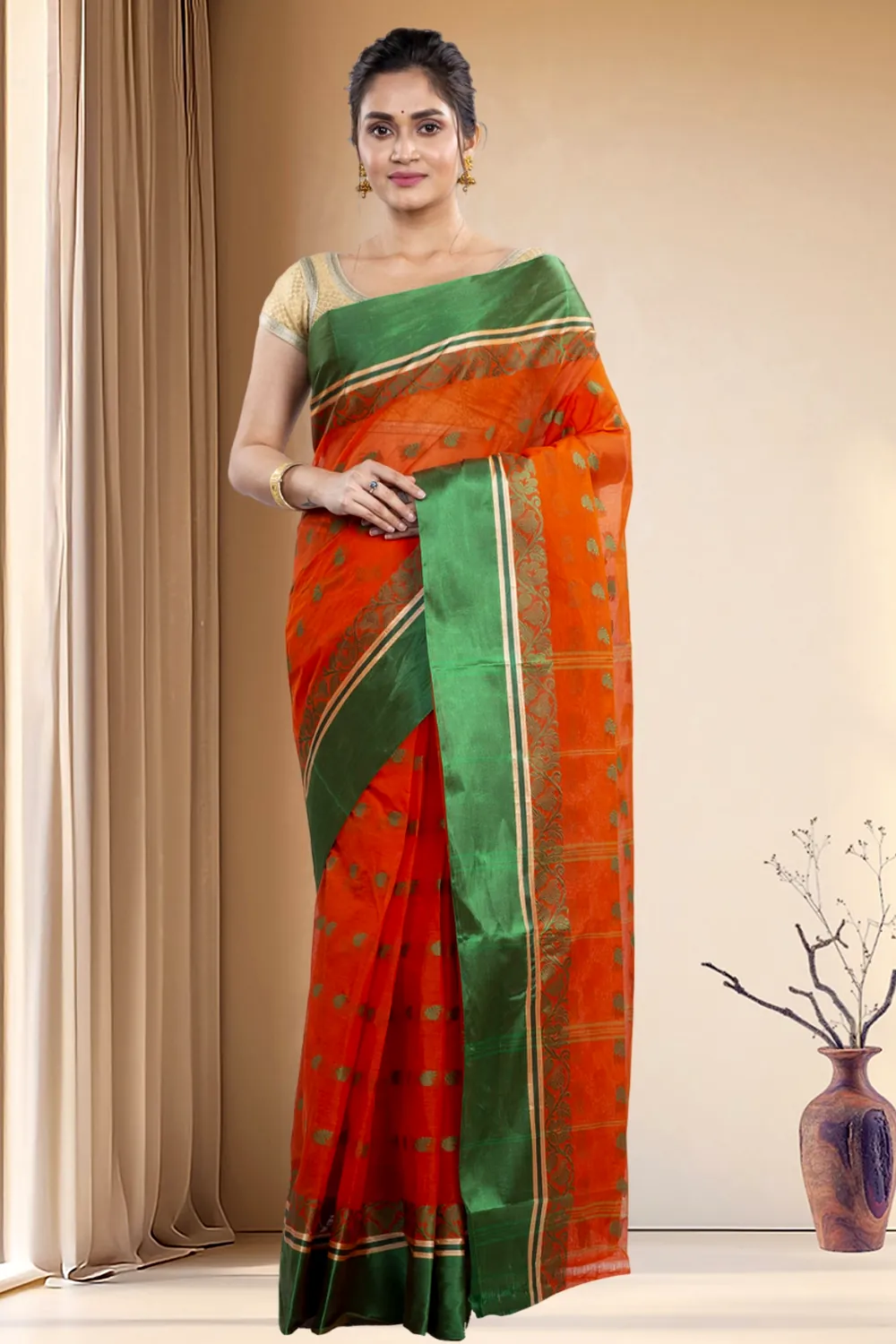 Orange Green Pure Cotton Sukla_Velvet Tant Saree (799)
