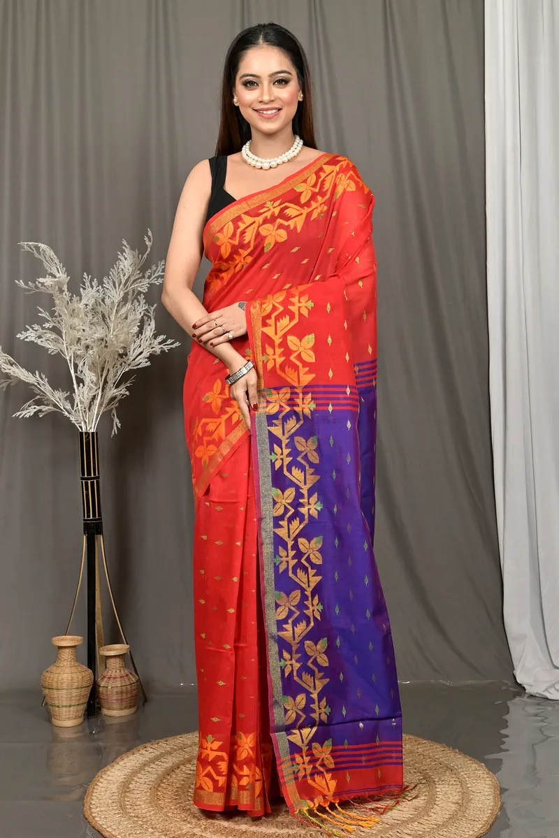 Red Blue Cotton Parvon Kanjivaram Silk Saree  (80)