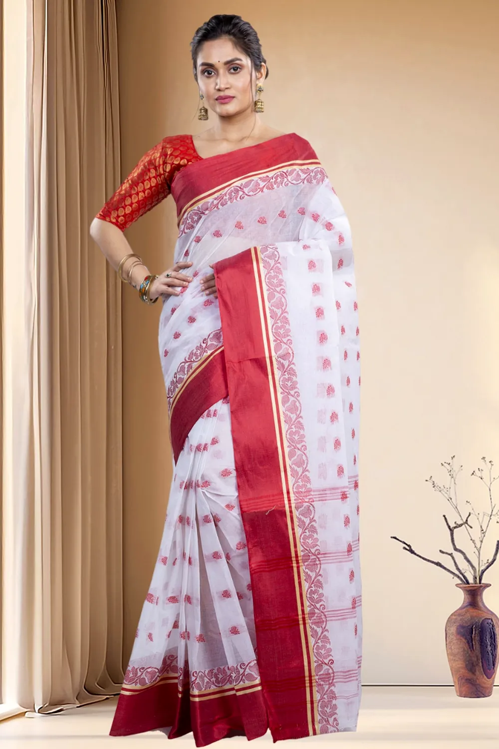 White Red Pure Cotton Sukla_Velvet Tant Saree (800)