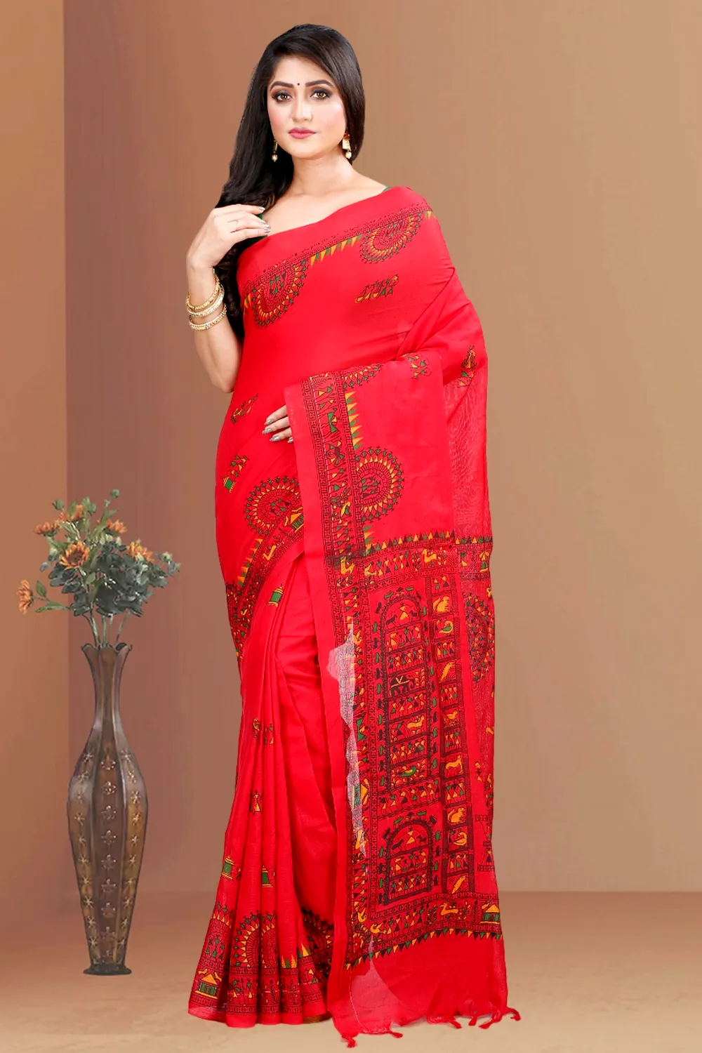 Red Pure Cotton Rohip Hand Loom Saree (8009)
