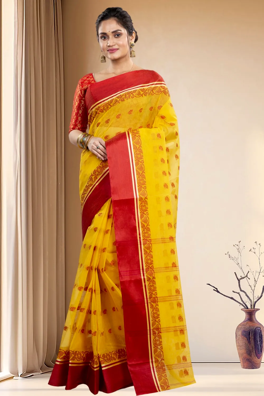 Yellow Red Pure Cotton Sukla_Velvet Tant Saree (801)