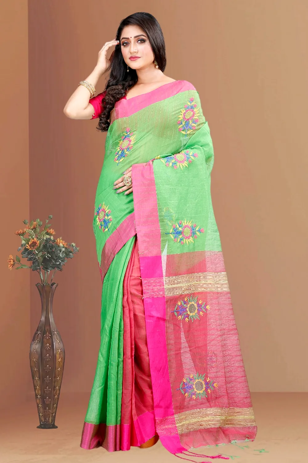 Green Blended Cotton Rohe Hand Loom Saree (8011)