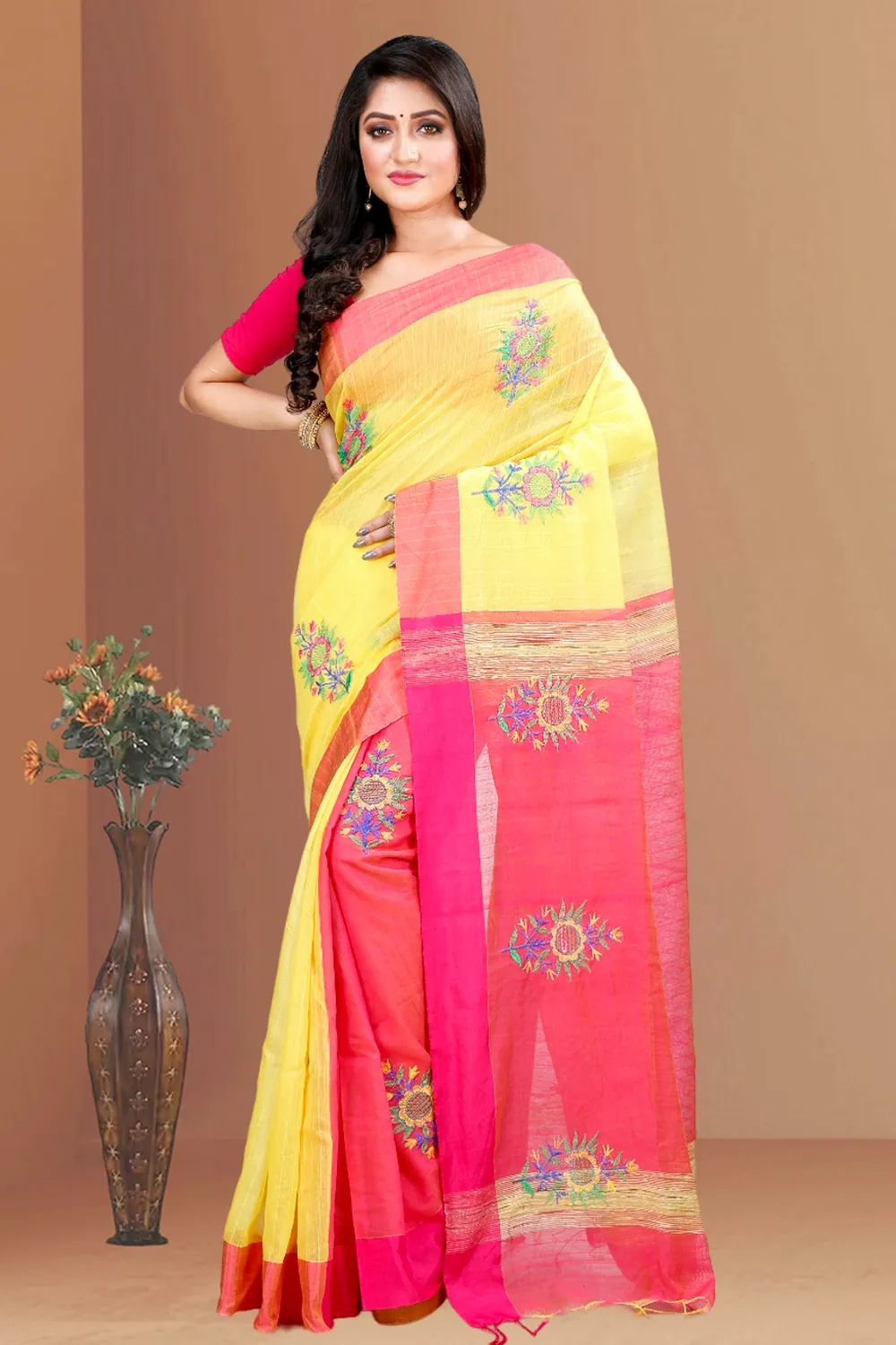 Yellow Blended Cotton Rohe Hand Loom Saree (8013)