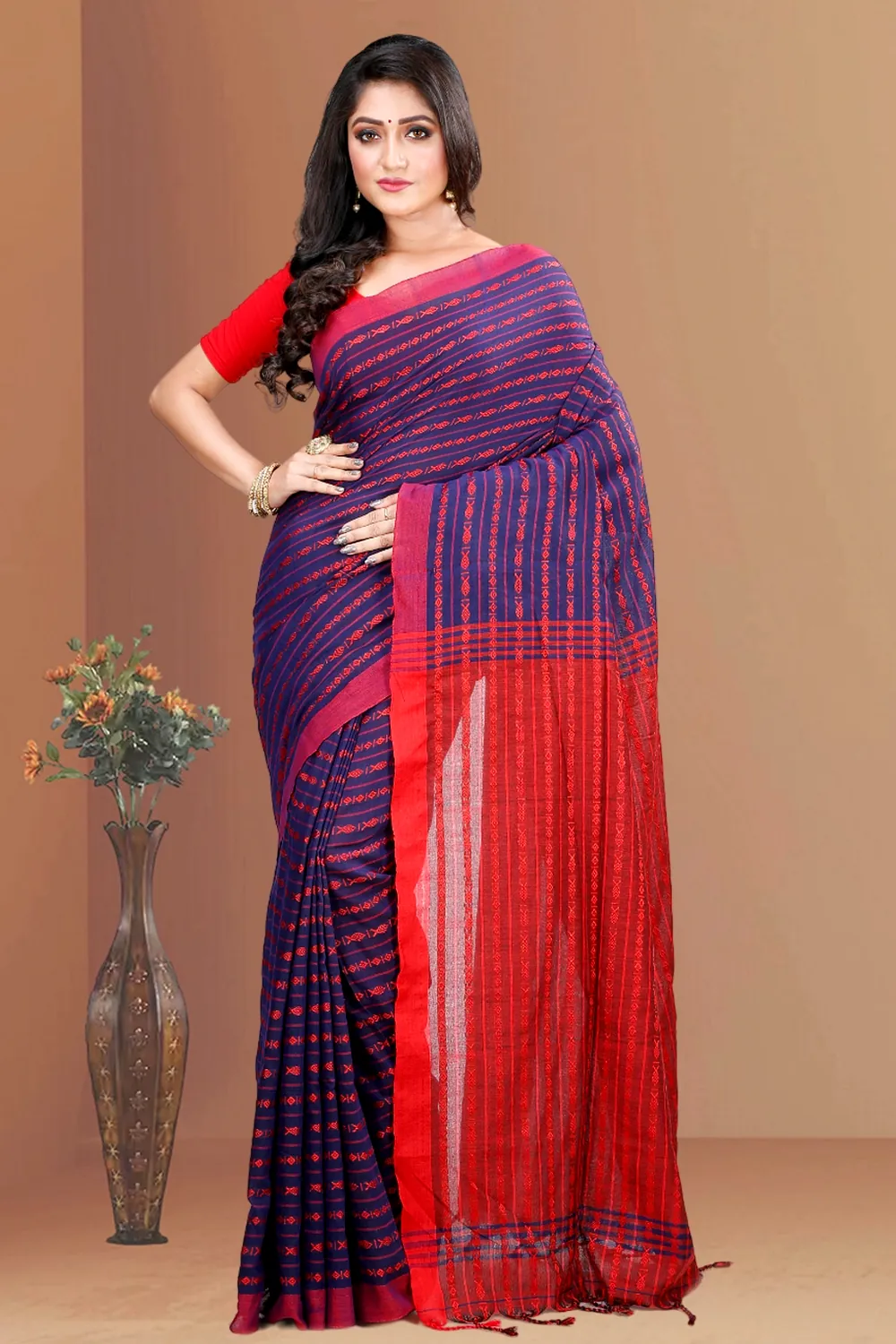 Blue Brown Pure Cotton Rohal Hand Loom Saree (8015)