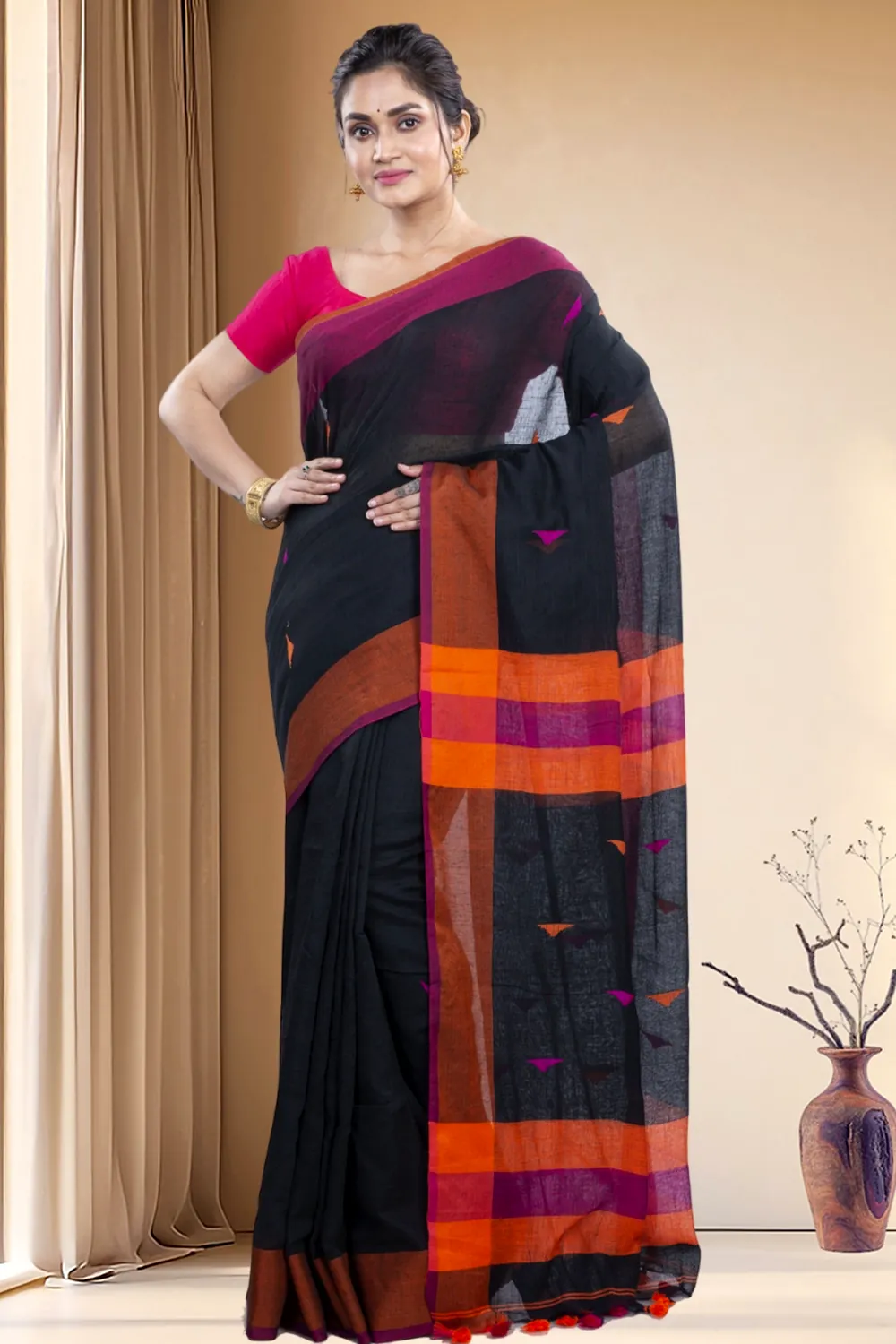 Black Pure Cotton Clasic_Than Hand Loom Saree (802)