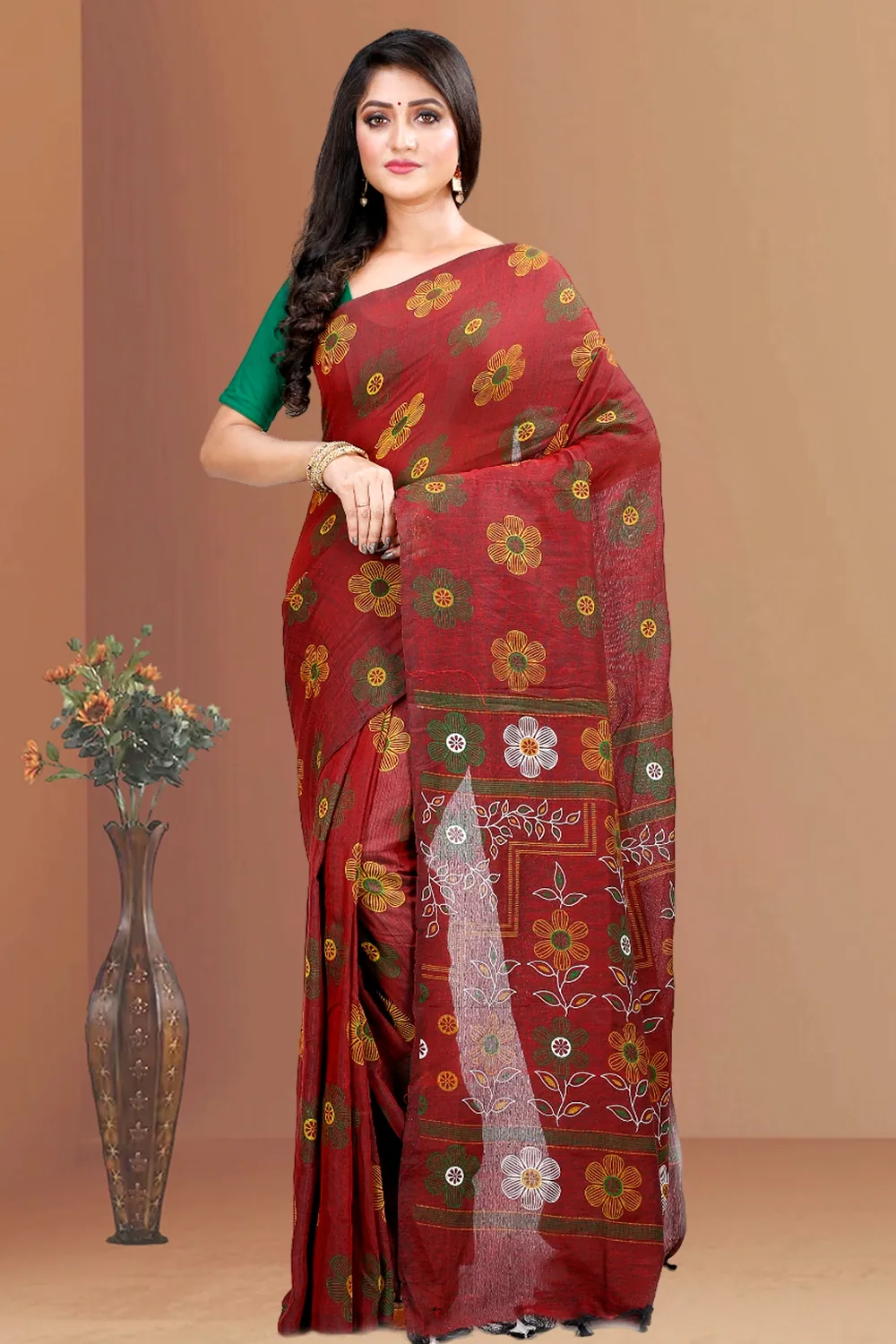 Brown Blended Cotton Rohak Hand Loom Saree (8021)