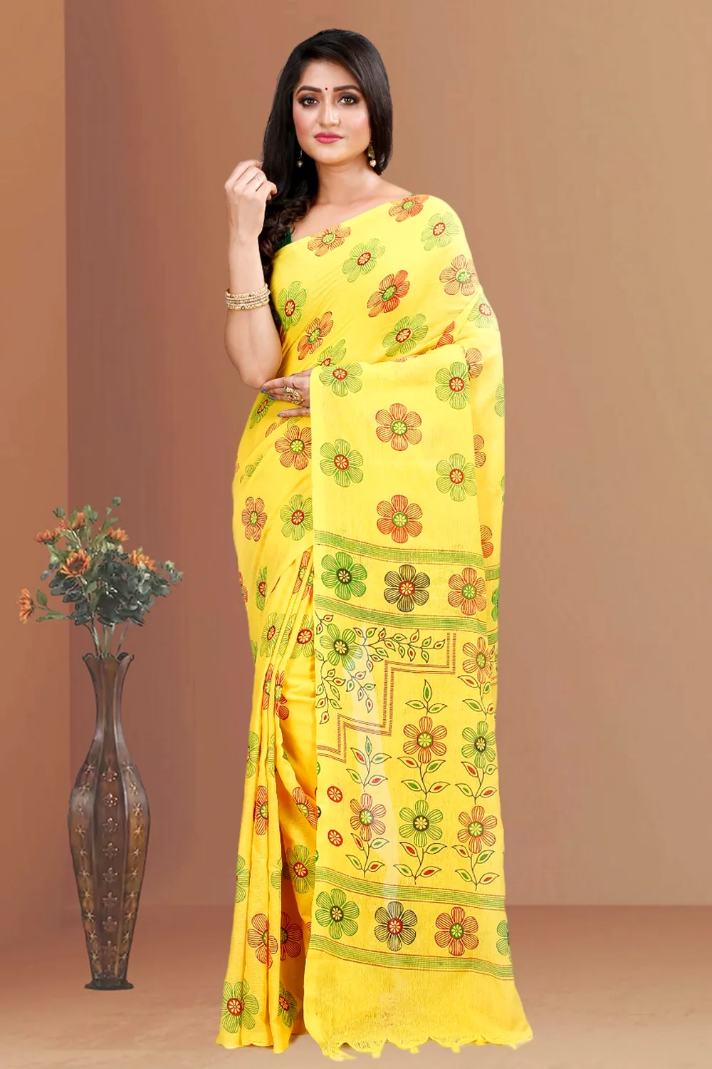 Yellow Blended Cotton Rohak Hand Loom Saree (8022)