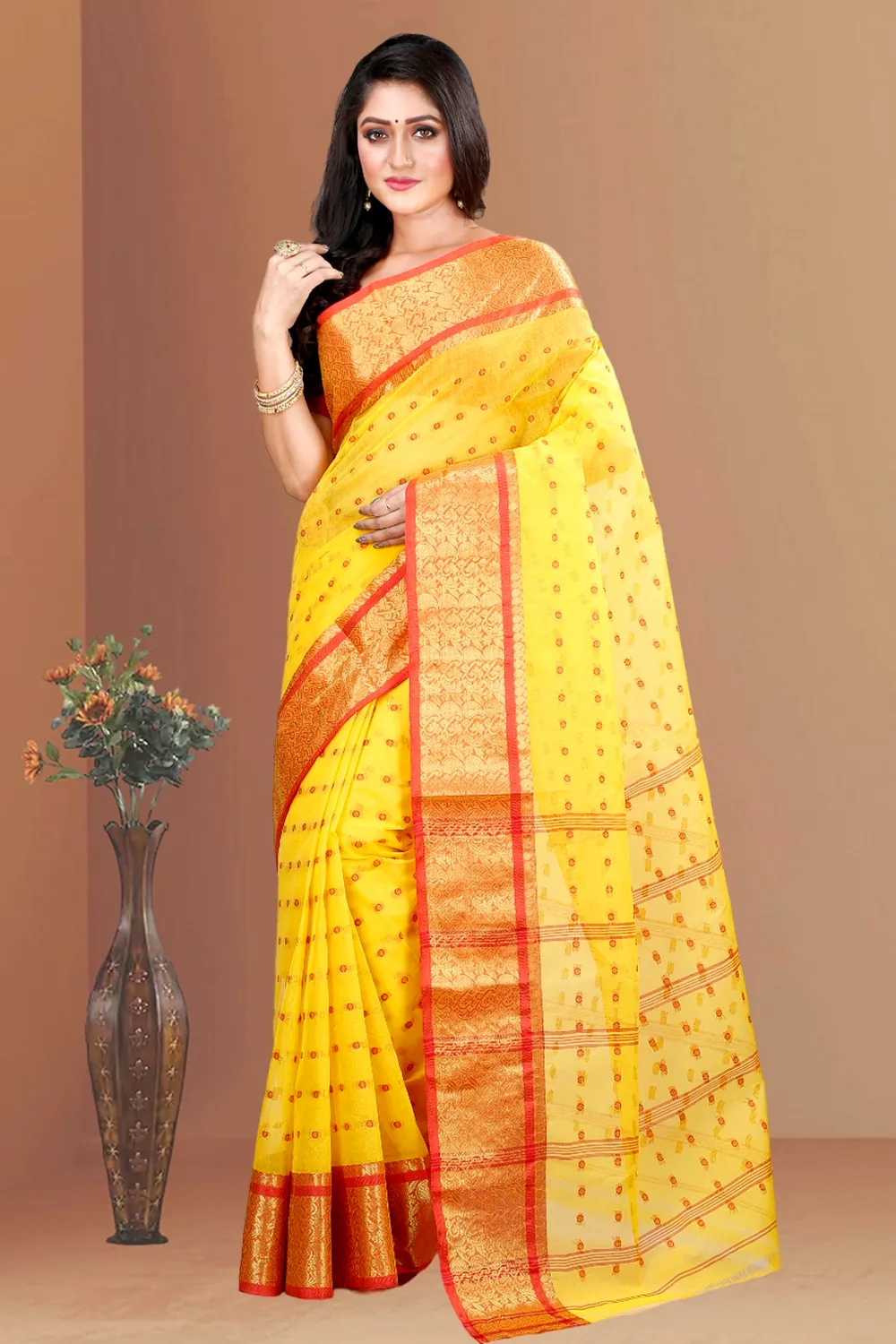 Yellow Pure Cotton Roham Tant Saree (8033)