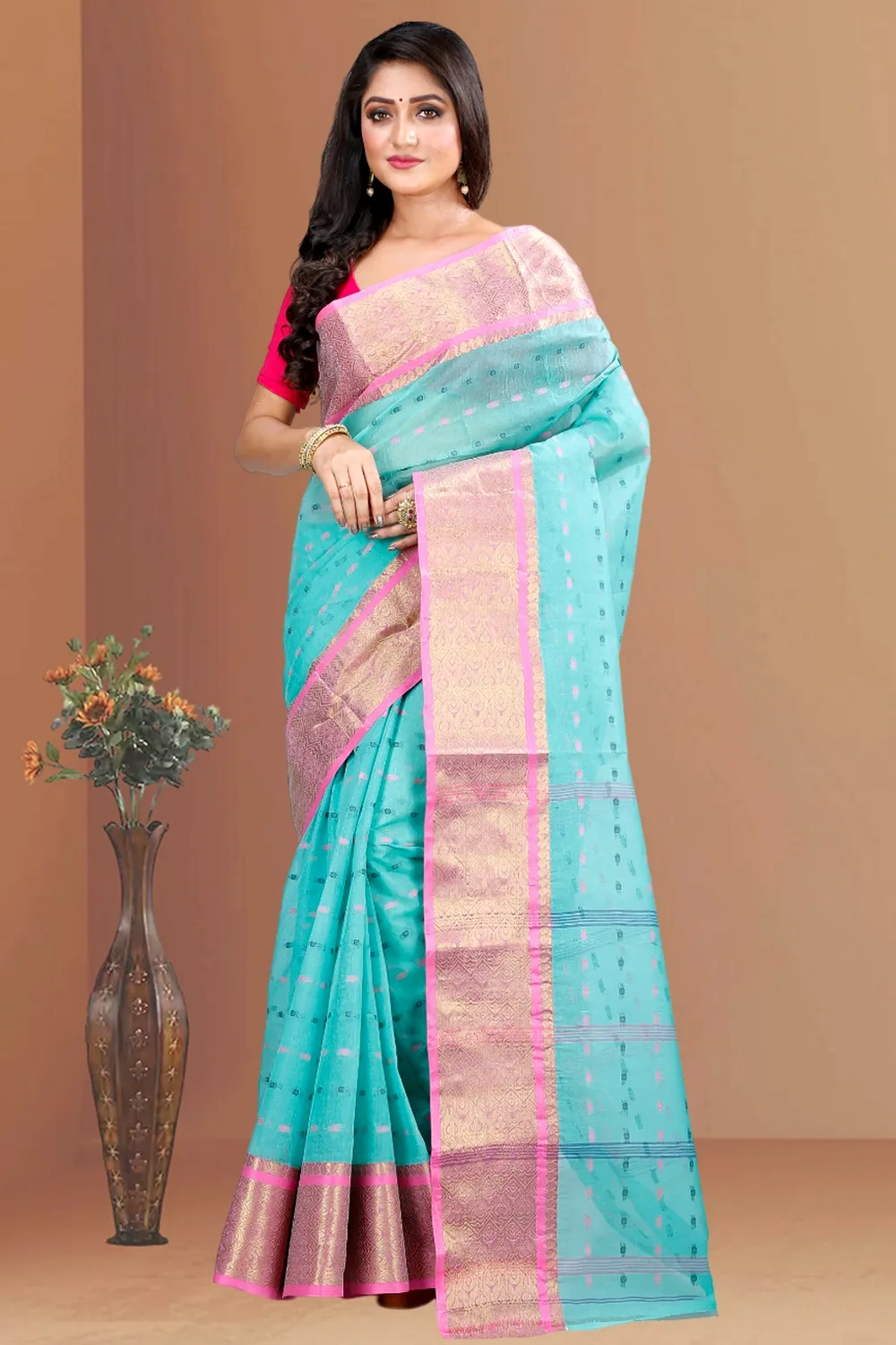 See Green Pure Cotton Roham Tant Saree (8034)