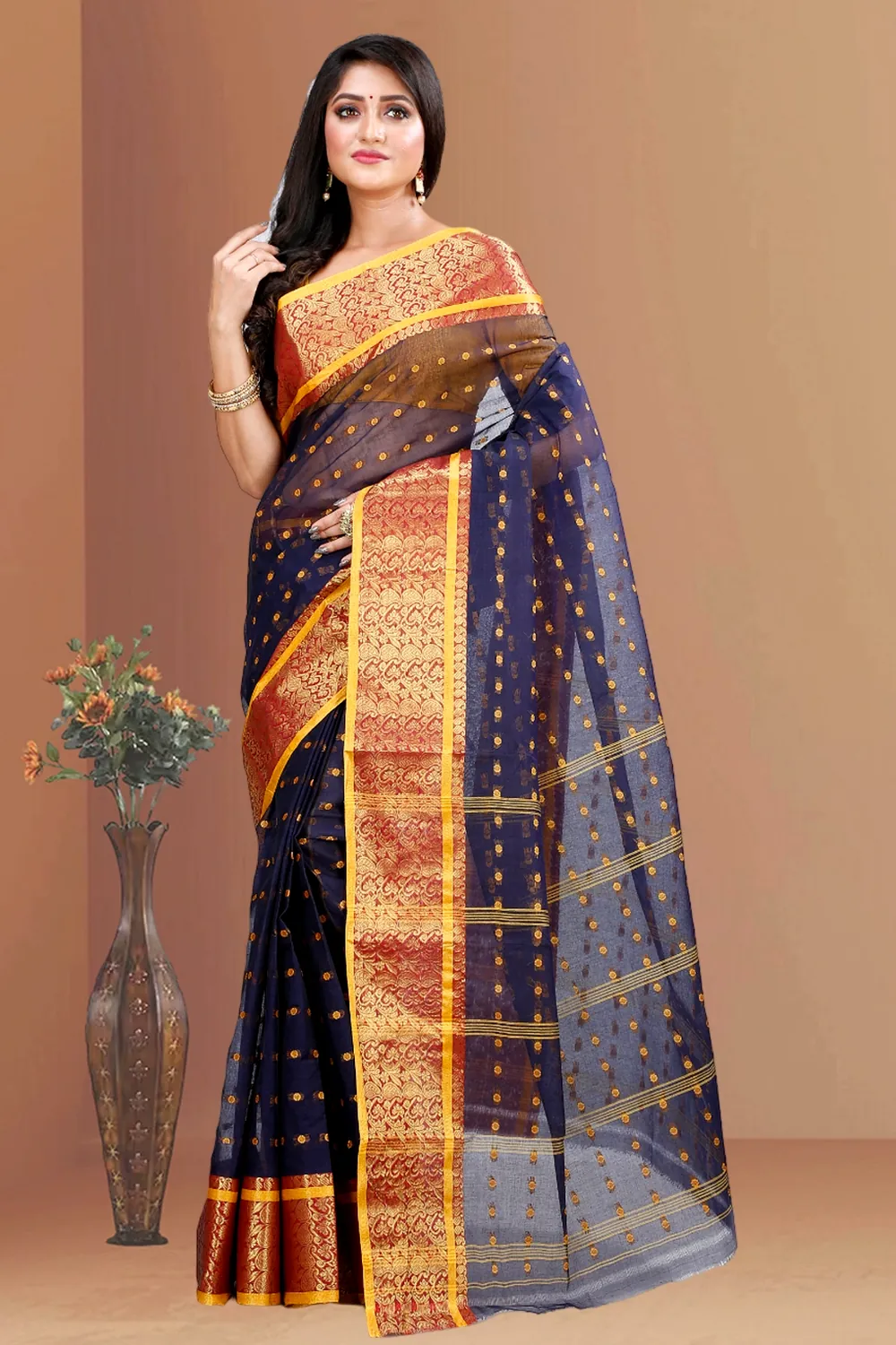 Black Pure Cotton Roham Tant Saree (8036)