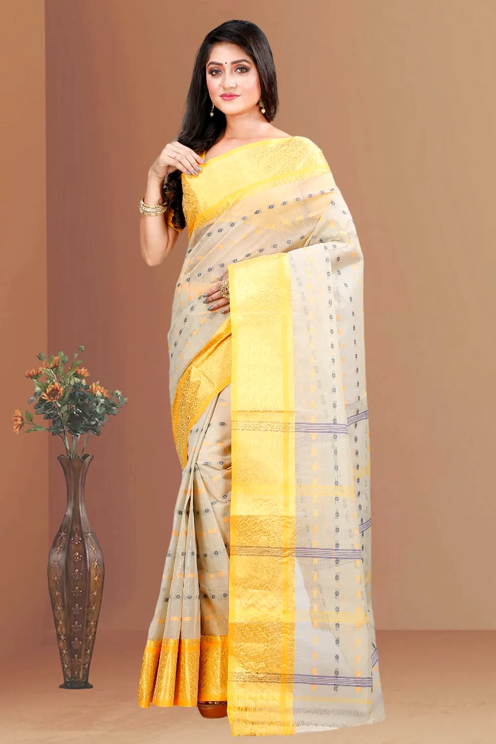 Cream Pure Cotton Roham Tant Saree (8037)