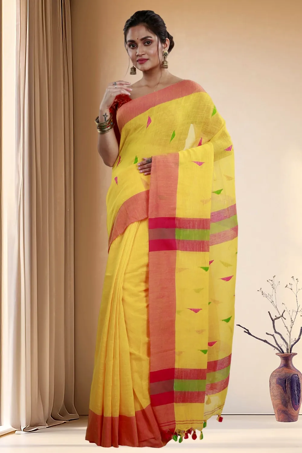 Yellow Pure Cotton Clasic_Than Hand Loom Saree (806)