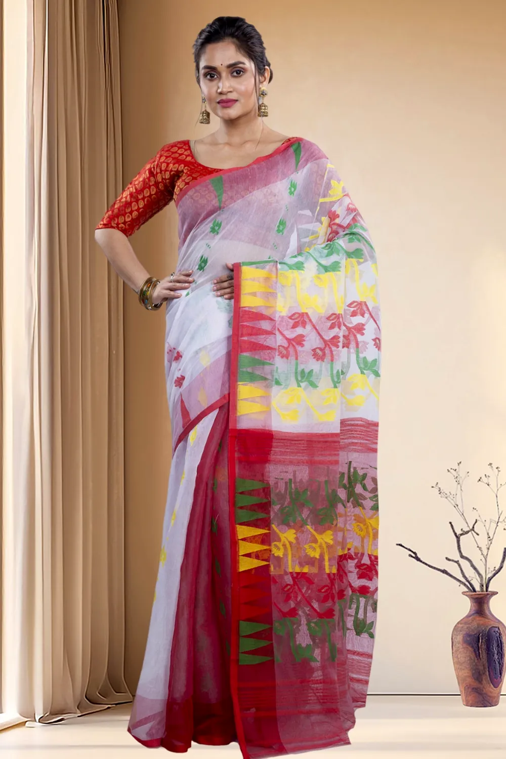 White Red Blended Cotton Moha_Jamdani Jamdani Saree (809)