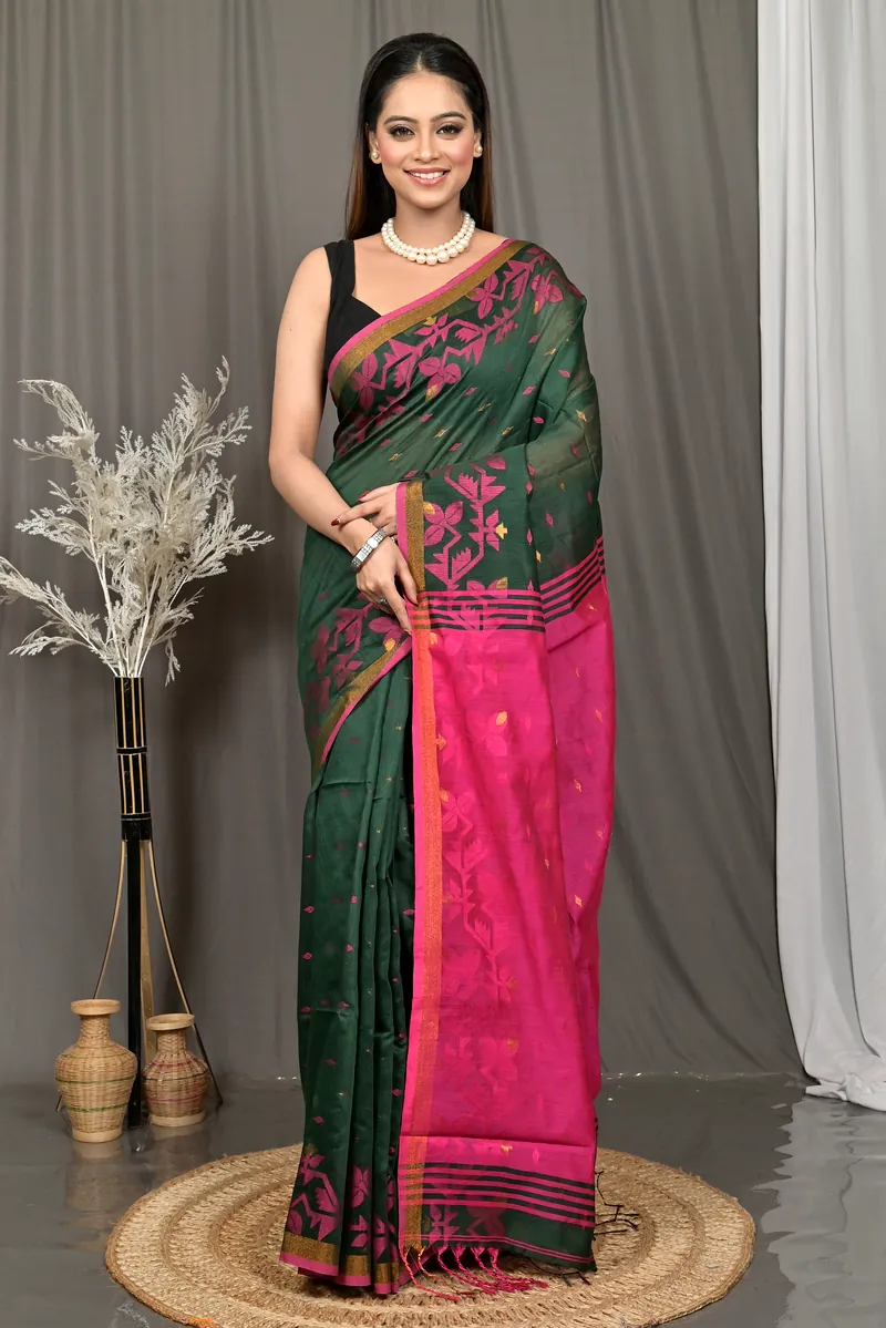 Green Pink Cotton Parvon Kanjivaram Silk Saree  (81)