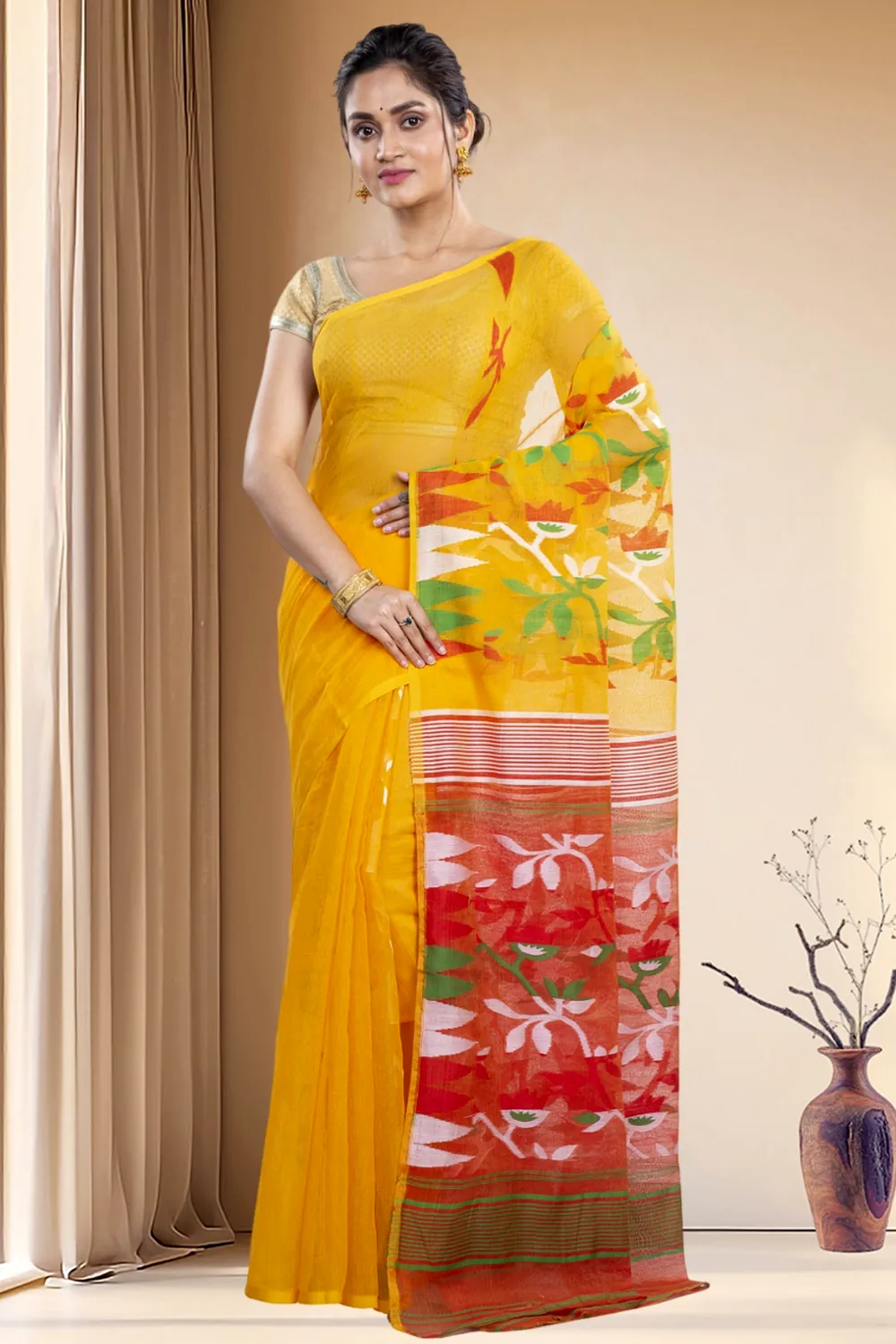 Yellow Blended Cotton Moha_Jamdani Jamdani Saree (810)