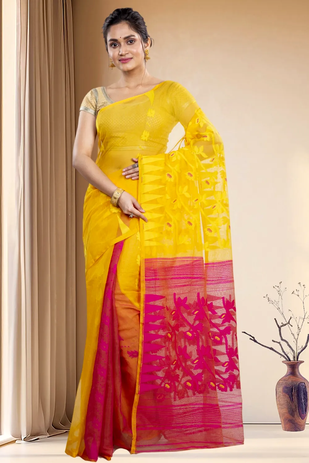 Yellow Rani Blended Cotton Moha_Jamdani Jamdani Saree (811)