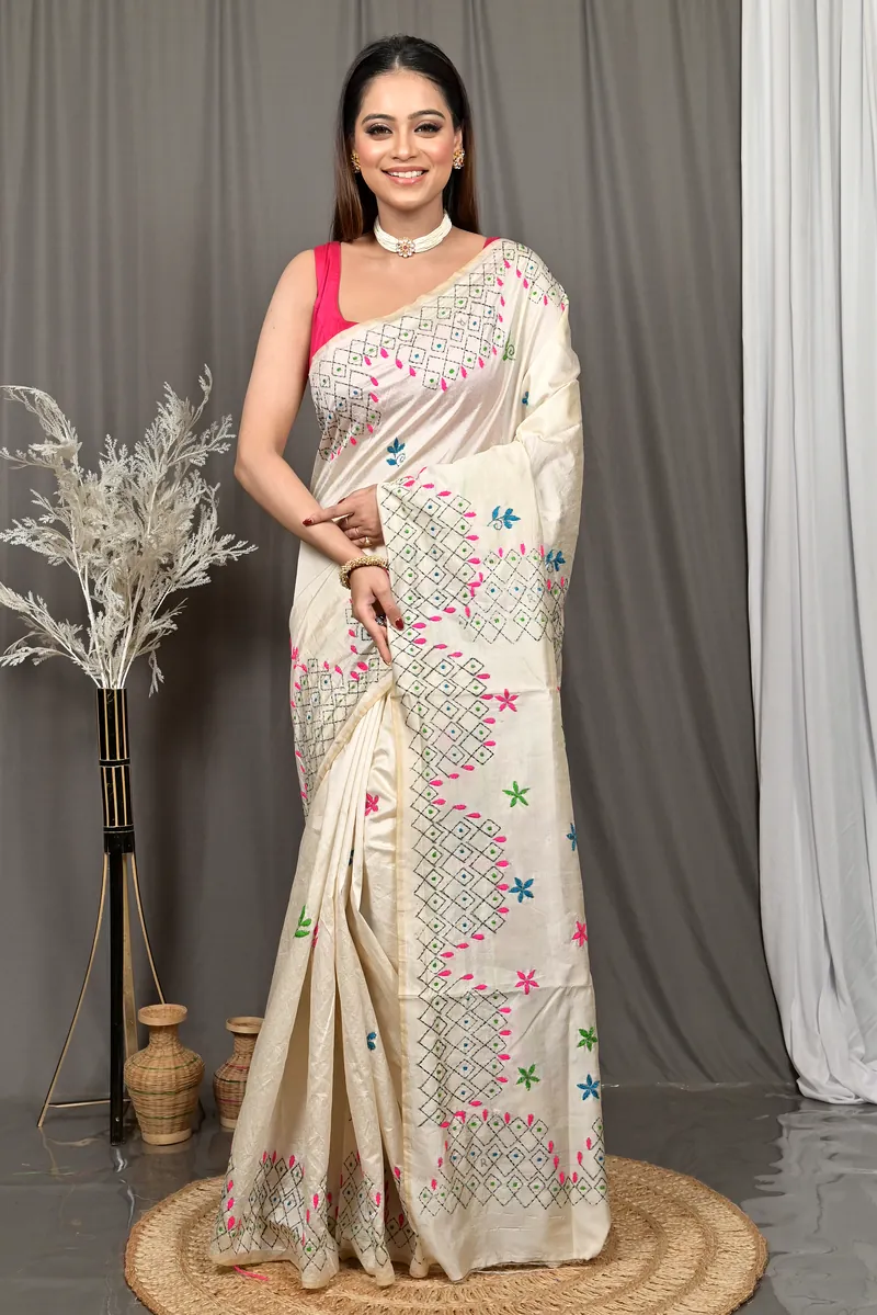 White Cotton Blended Soumika Kantha Stitch Saree  (82)