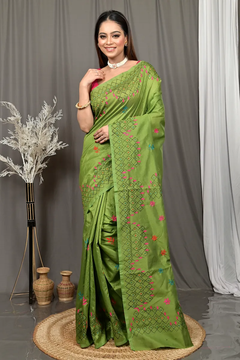 Green Cotton Blended Soumika Kantha Stitch Saree  (83)