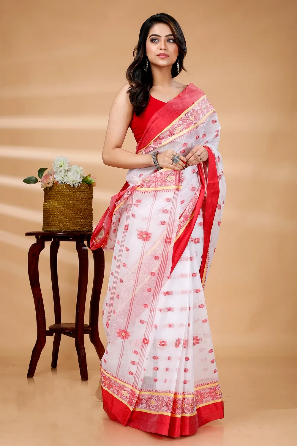 White Pure Cotton BolLata_Tant Tant Saree (839)