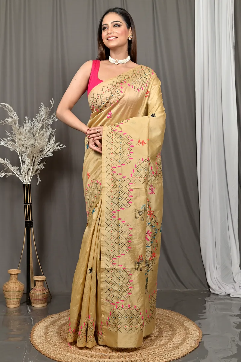 Light Brown Cotton Blended Soumika Kantha Stitch Saree  (84)