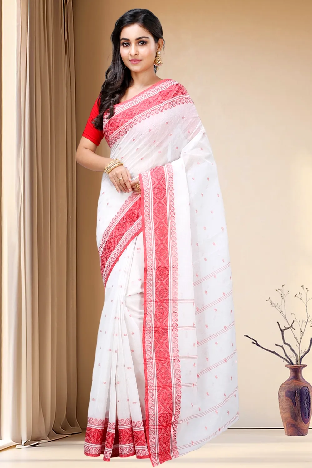 Red Pure Cotton Boysko_Tant Tant Saree (845)
