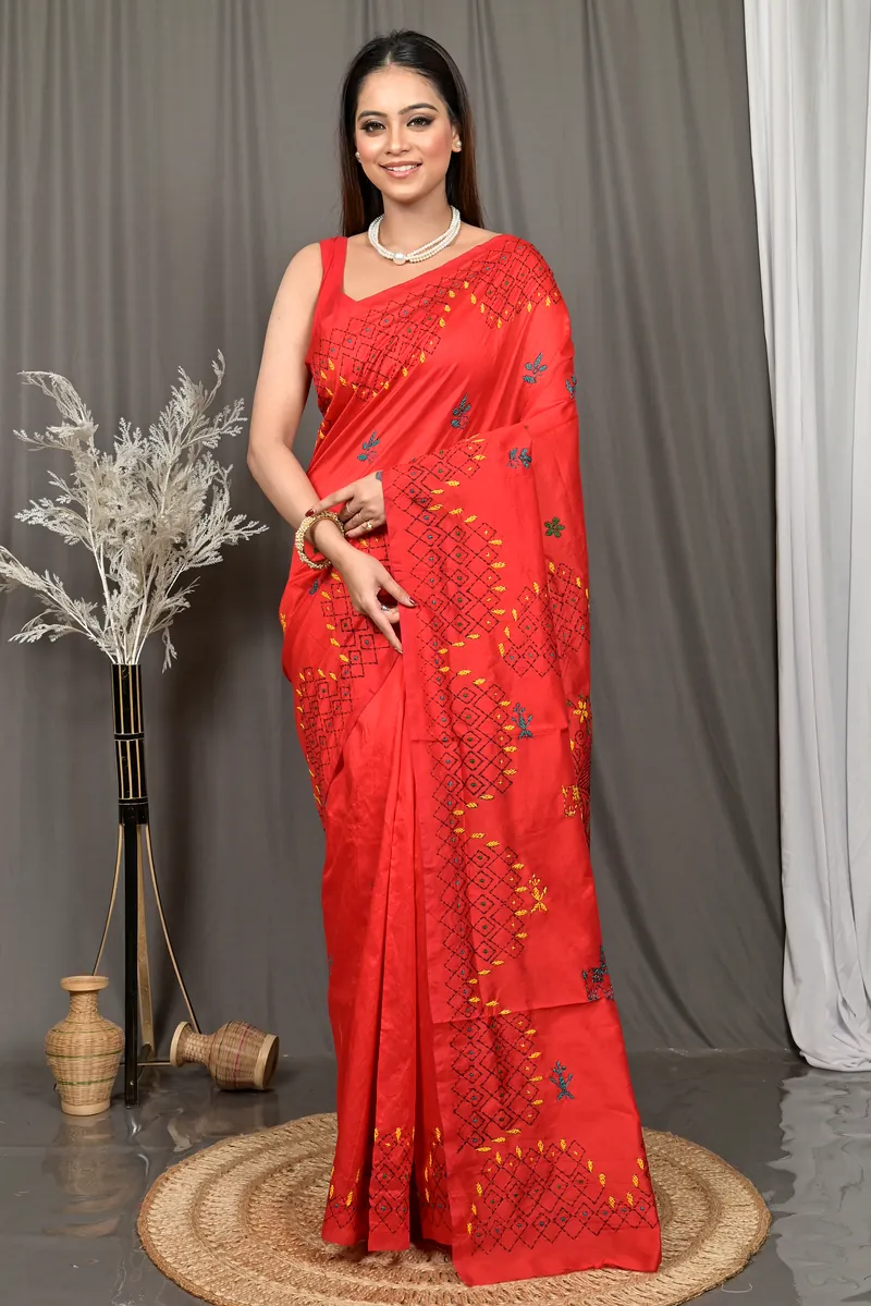 Red Cotton Blended Soumika Kantha Stitch Saree  (85)