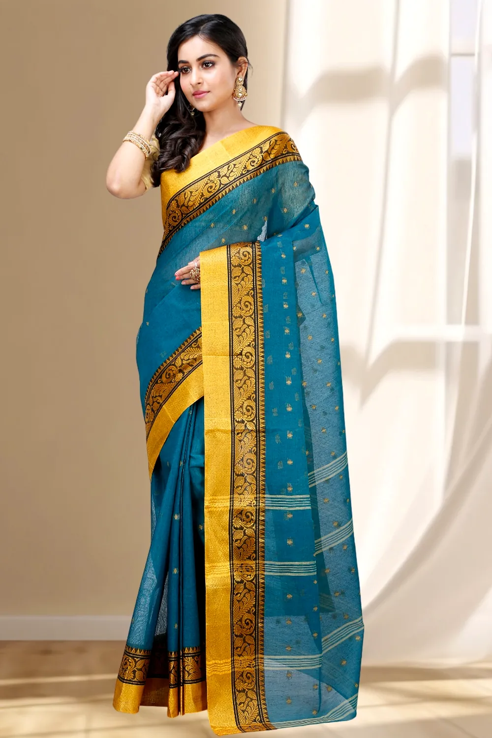 Dark Green Pure Cotton Sorbori Tant Saree (855)
