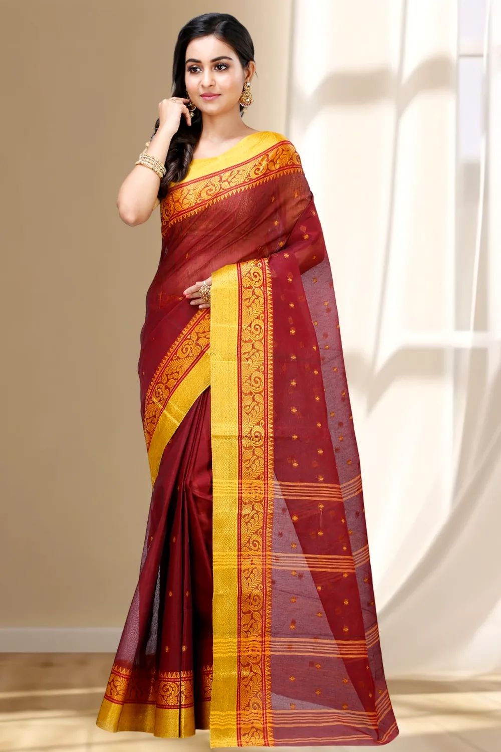 Brown Pure Cotton Sorbori Tant Saree (856)
