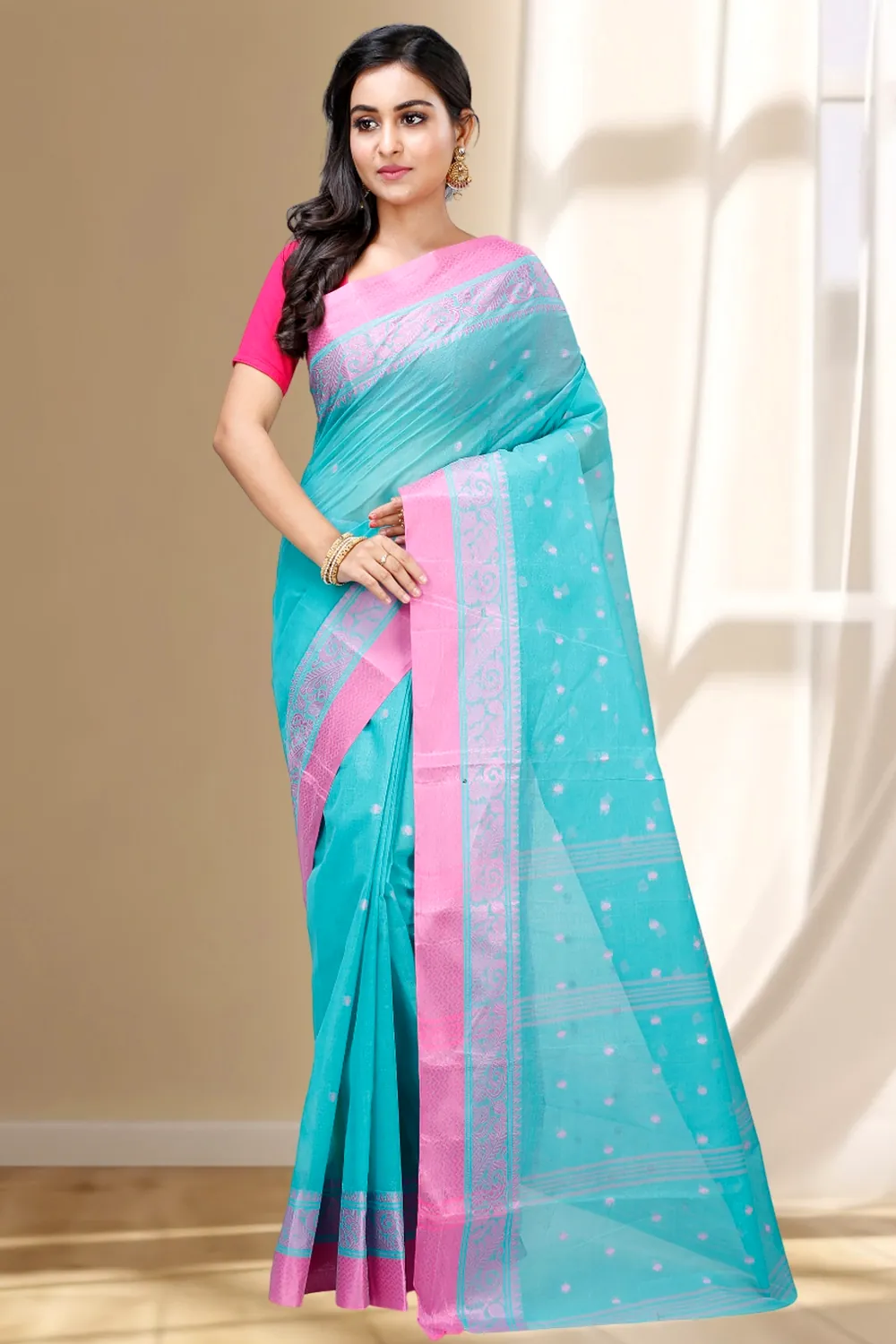 Olive Green Pure Cotton Sorbori Tant Saree (857)