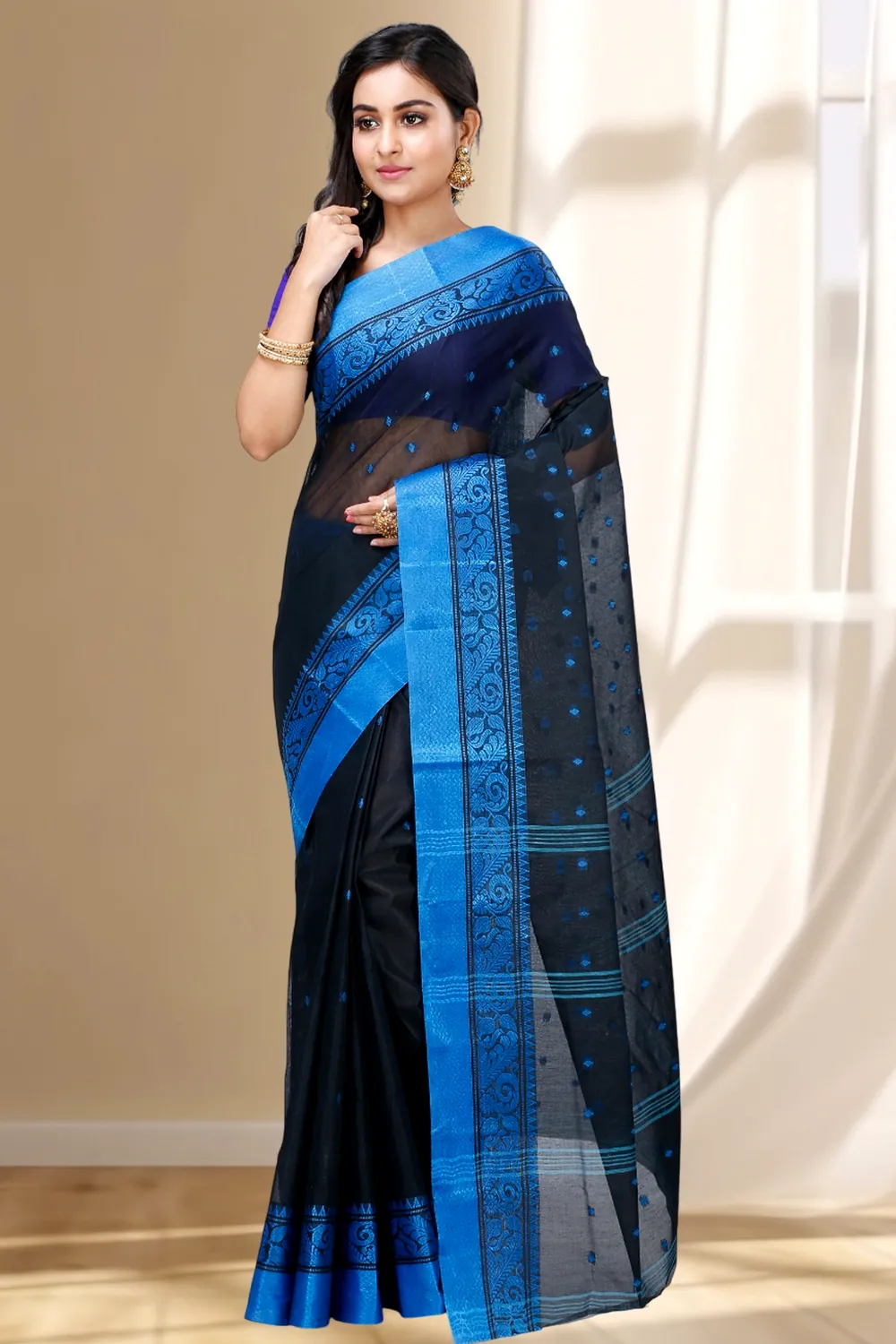 Naby Blue Pure Cotton Sorbori Tant Saree (858)