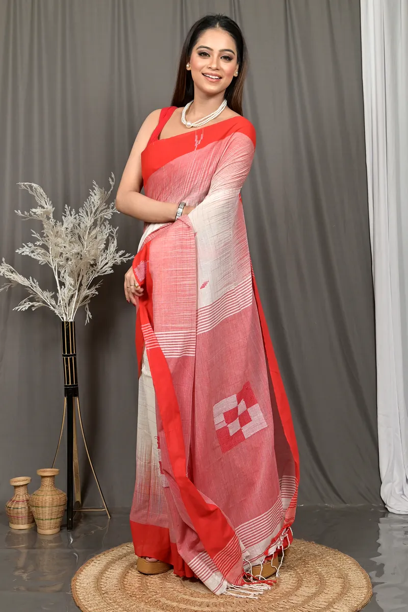 Red White Cotton Soumon Kotki Saree  (86)