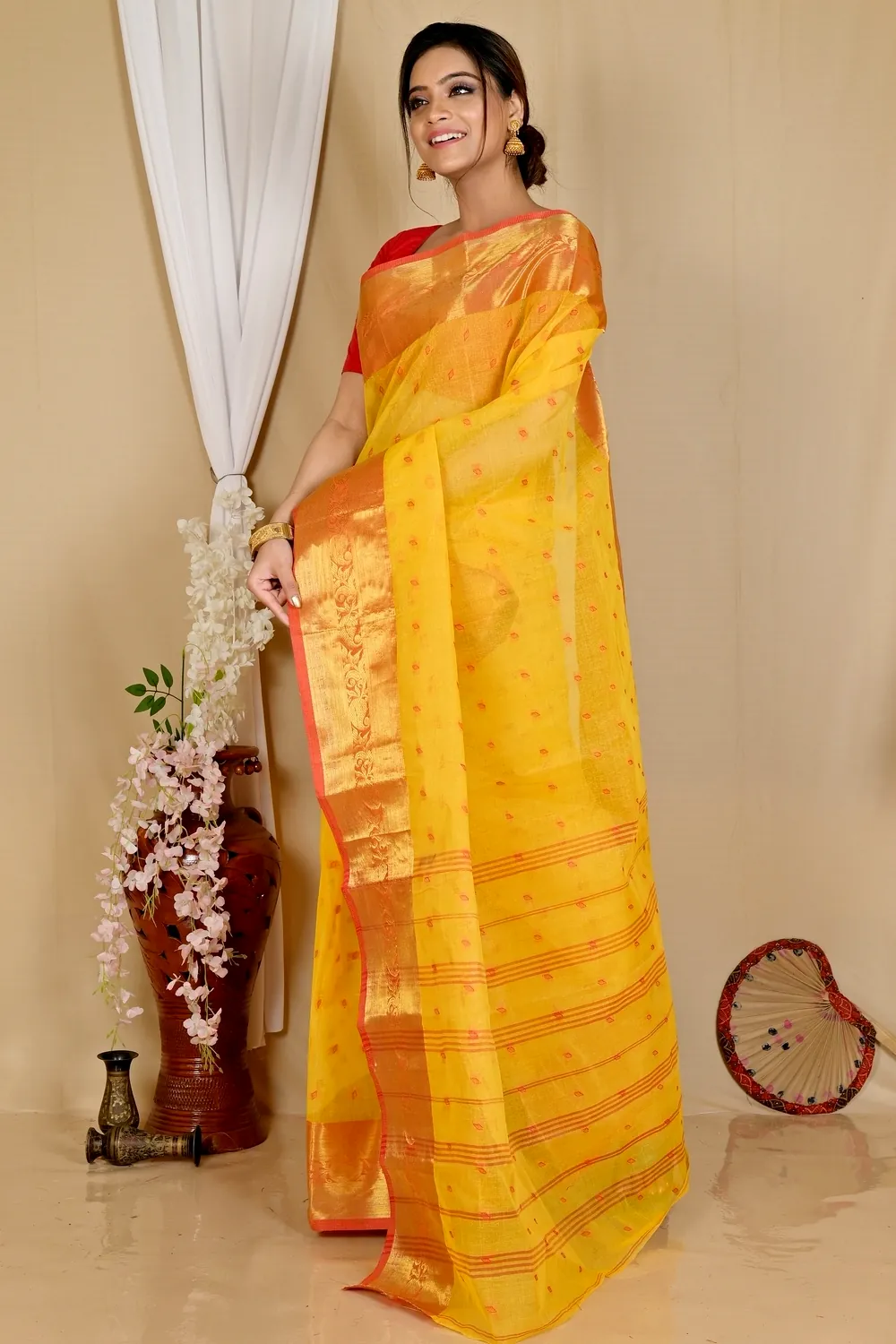 Yellow Pure Cotton Churi_Par Tant Saree (861)