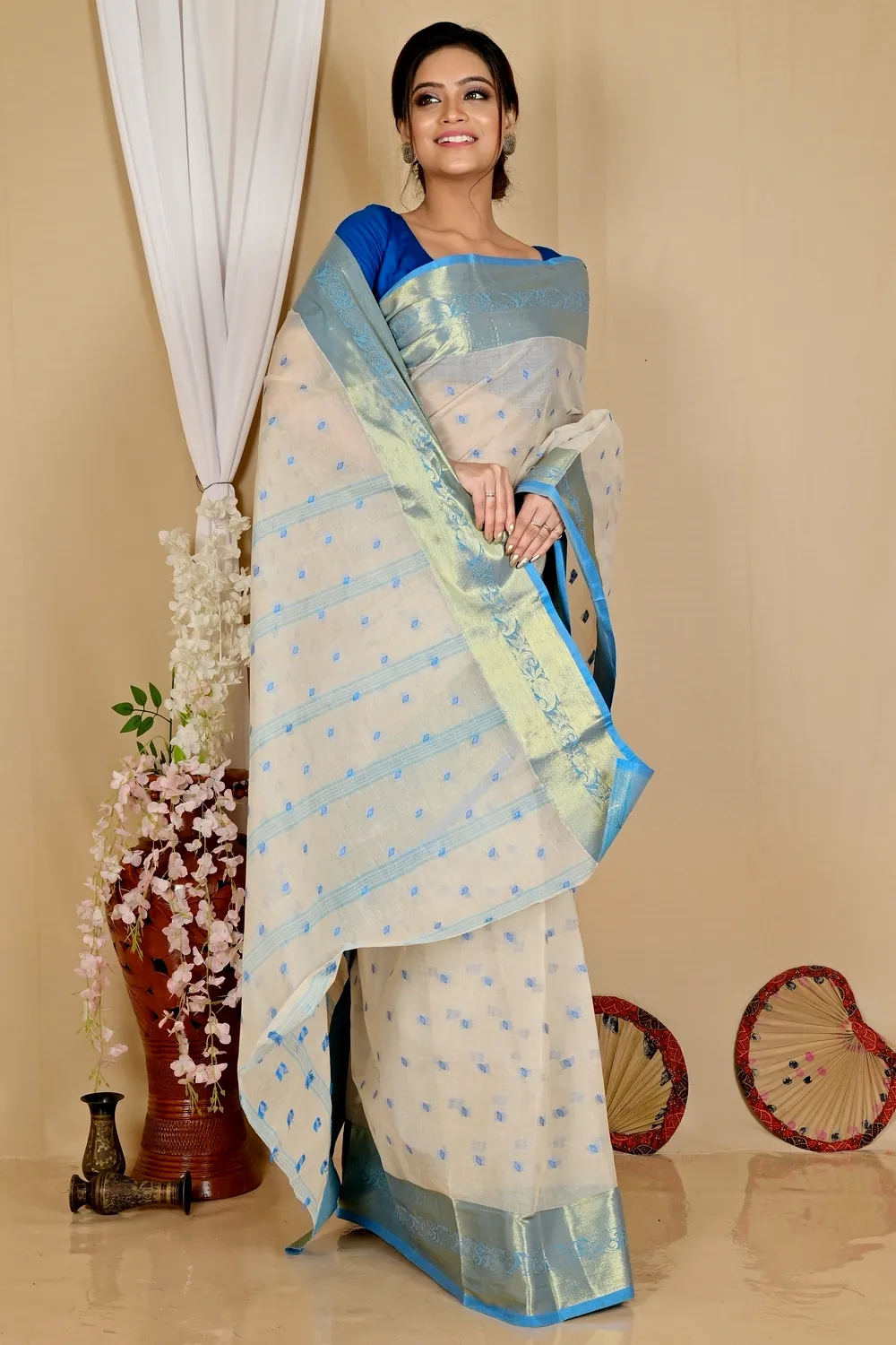 Off-White Pure Cotton Churi_Par Tant Saree (863)