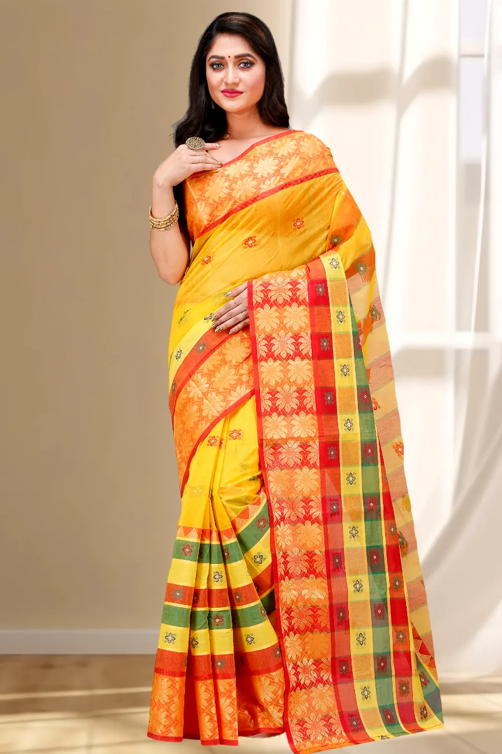Yellow Pure Cotton FulPar Tant Saree (864)