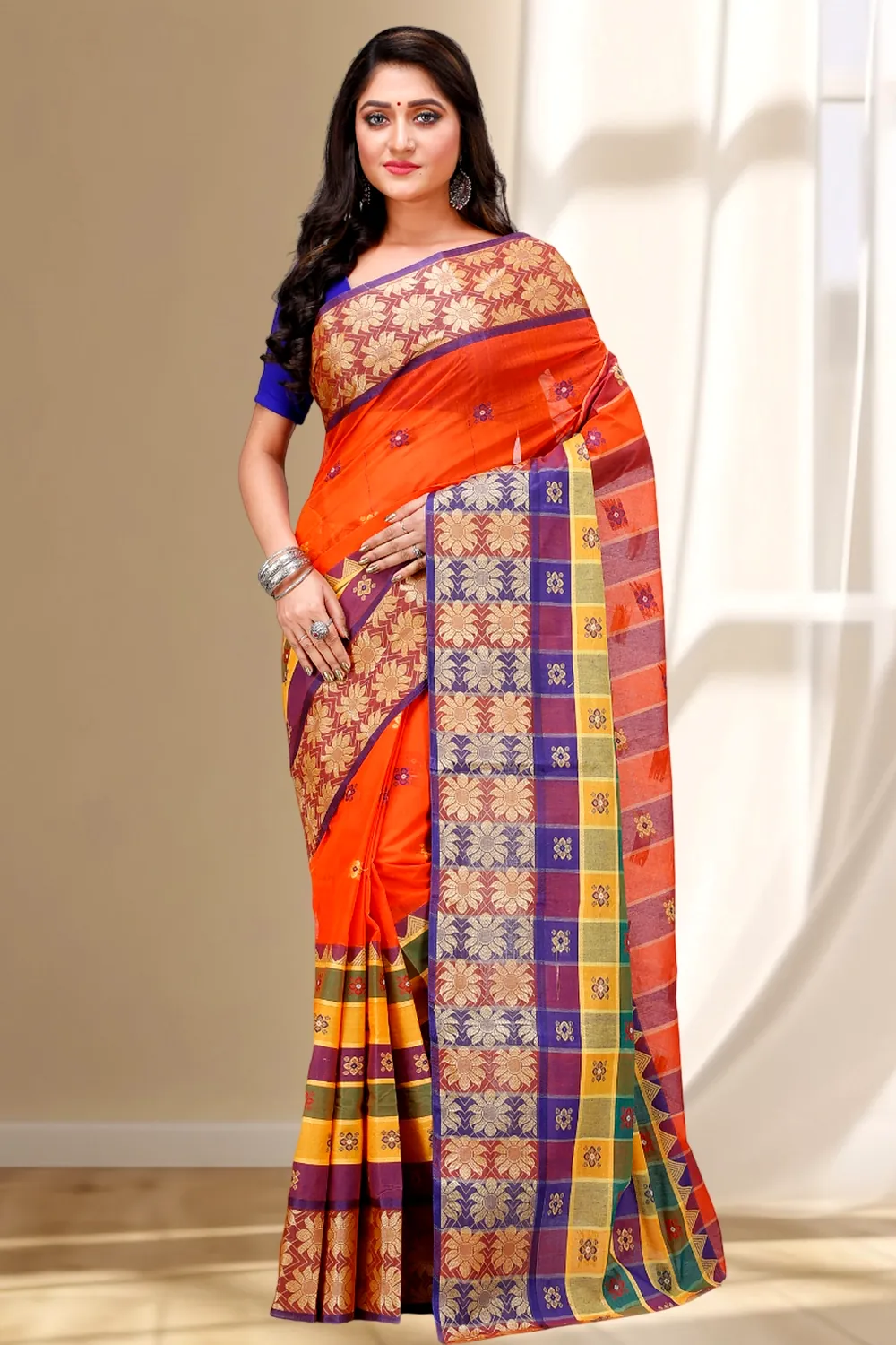 Dark Orange Pure Cotton FulPar Tant Saree (865)