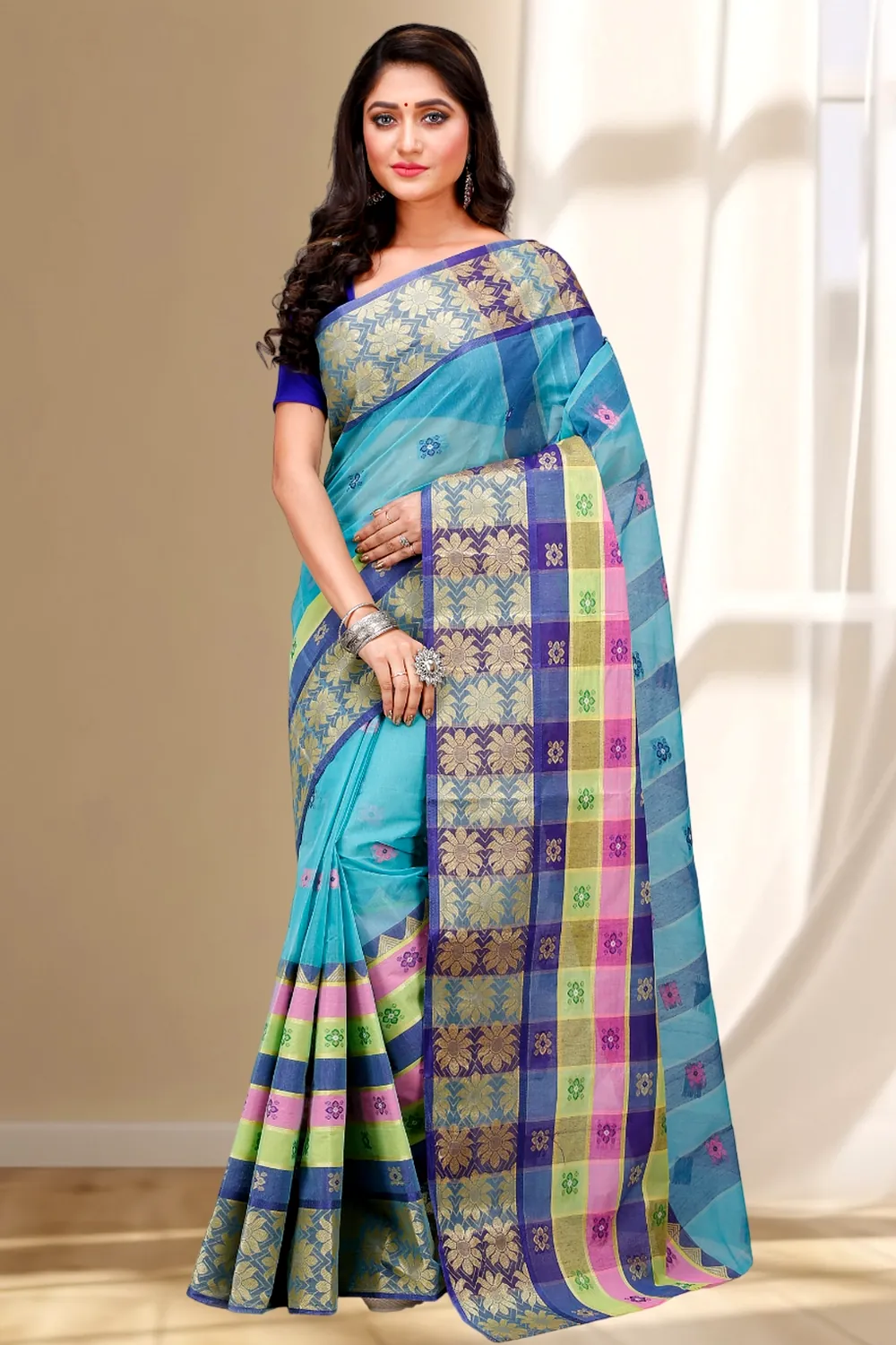 Light Green Pure Cotton FulPar Tant Saree (866)