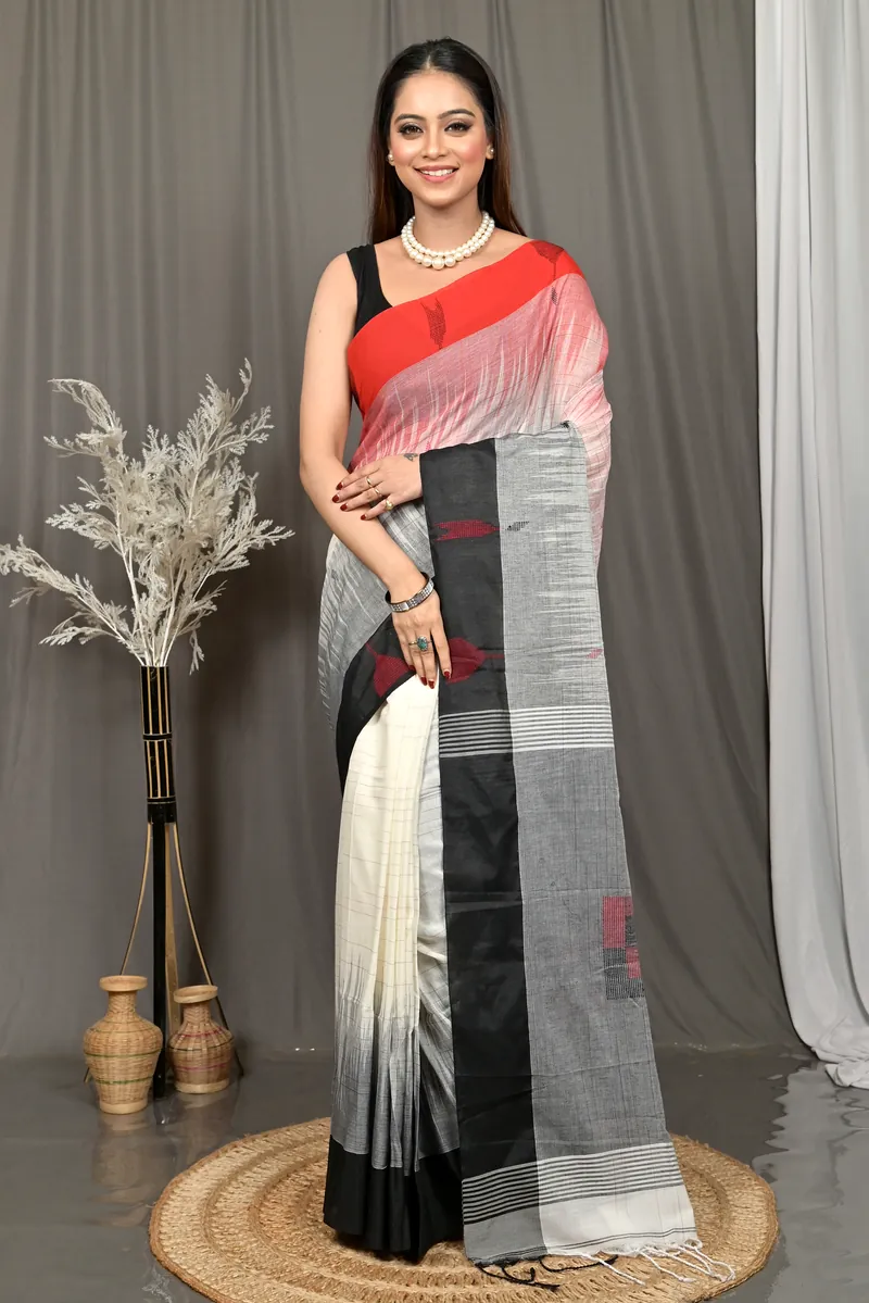 Black Red Cotton Soumon Kotki Saree  (87)